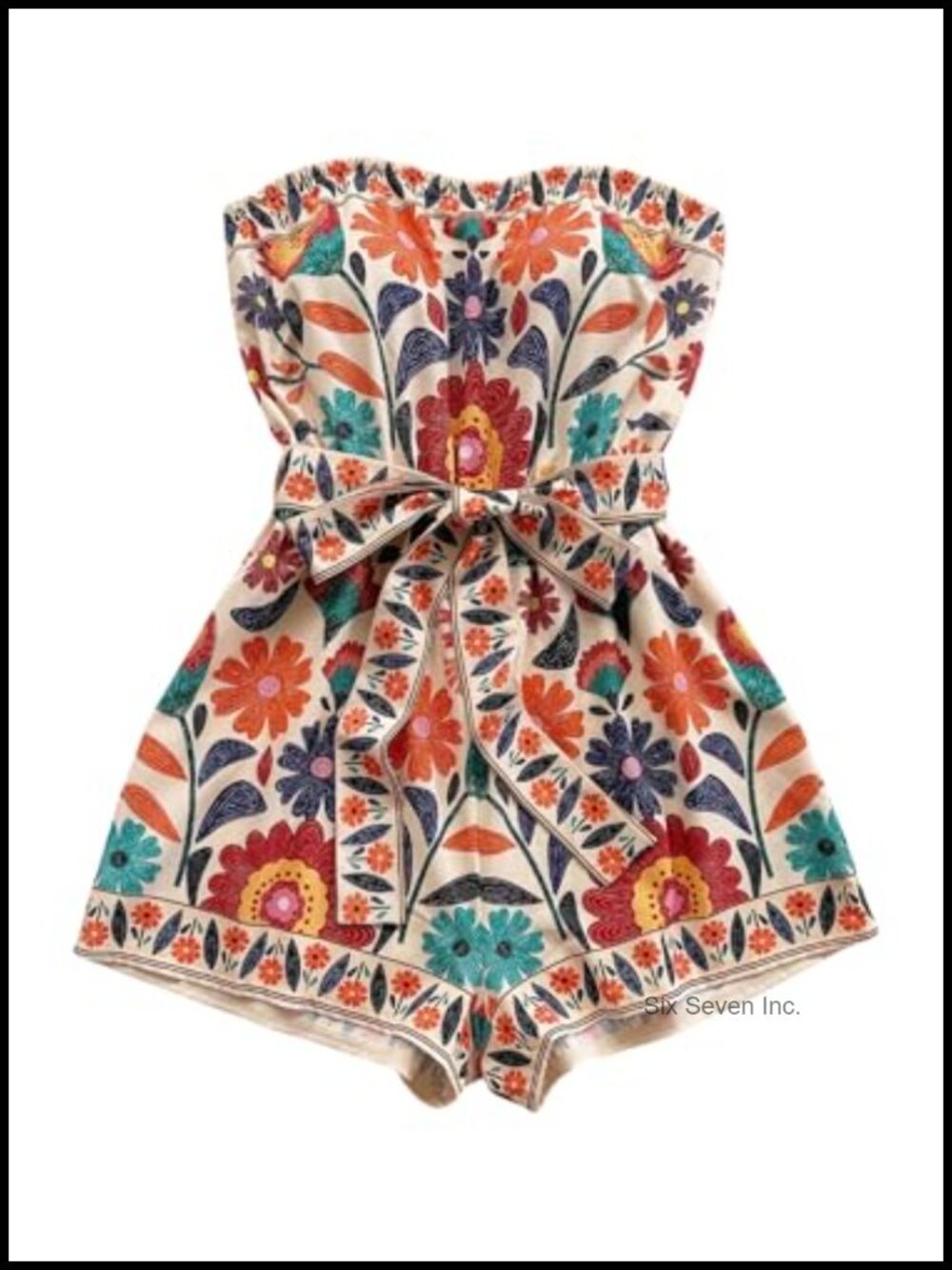 Boho Floral Strapless Romper Sleeveless Belted Shorts Jumpsuit Beach Vacation